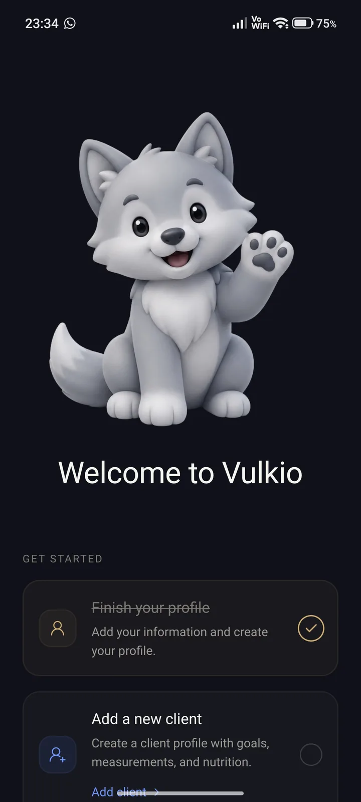 Ecranul de bun venit Vulkio